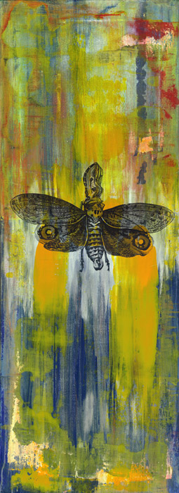 FOLLOW THE MOON AND STARS (WHEN AVAILABLE) A.K.A. MOTH - Acrylic and collage on canvas - 29" X 12.75"